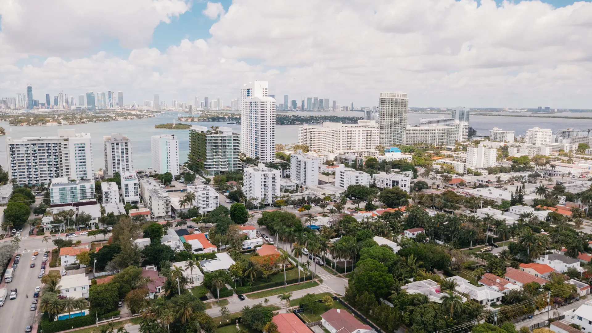 Aerial view of the Miami waterfront skyline and luxury residential neighborhoods